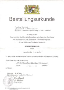 bestallungsurkunde- beeidigter dolmetscher russisch münchen